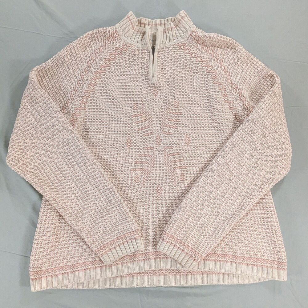 Liz Claiborne Sweater Knit 1/4 Zip Woman Cream Pink Snowflake Size Large